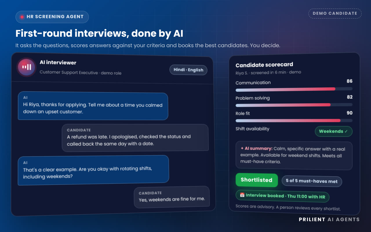 Demo: the HR Interview Screening Agent runs a first-round interview, scores it and books the next round; a person makes the final call