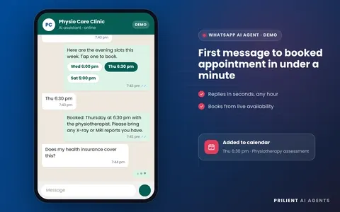 A patient books an evening slot on WhatsApp; the insurance question goes to the front desk.