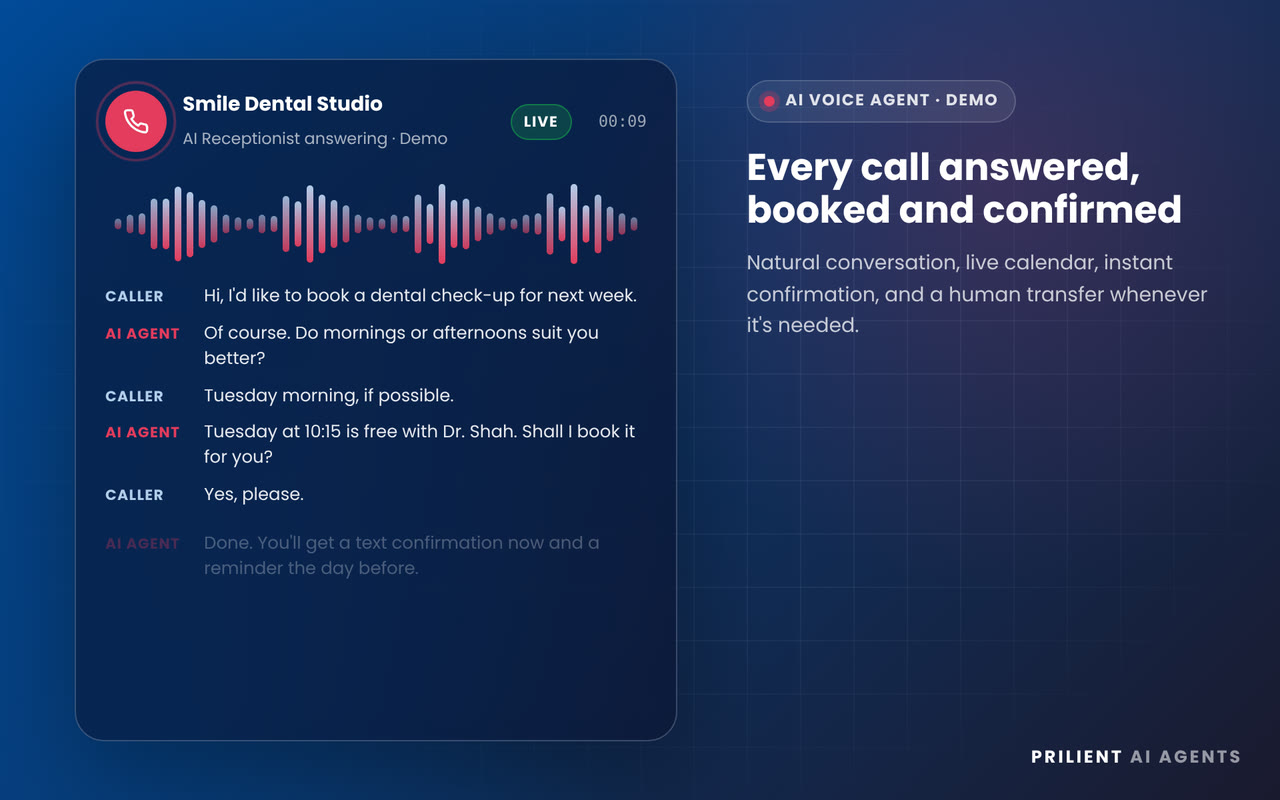 Demo: the AI Receptionist answers a phone call, shows the live transcript and books an appointment